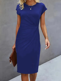 Einfarbiges Midi-Kleid mit Rundhalsausschnitt für Frauen | Ideal für Arbeit oder Veranstaltungen – Marine