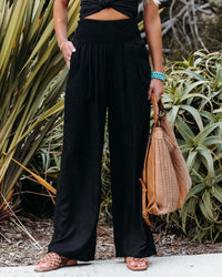 Linda - Damen Palazzo-Hosen mit weitem Bein aus Leinen, Hoher Taille – Schwarz