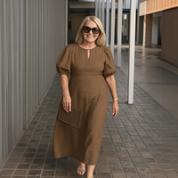 Els™ | Elegantes schlichtes Kleid mit V-Ausschnitt – Khaki