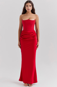 Damen Strapless Korsett Bodycon Maxikleid – Rot