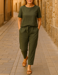 Zweiteiler für Damen - Luftiges Set mit Blusenshirt und Sommerhose für den Sommer – Grün