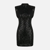 Bettina | Damen Eng Anliegendes Pailletten-Minikleid Stehkragen – Pailletten Mini – Schwarz