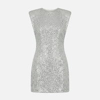 Bettina | Damen Eng Anliegendes Pailletten-Minikleid Stehkragen – Pailletten Mini – Silber