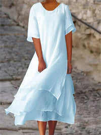 Damen Sommerkleid mit Doppellagen - Kurze Ärmel und Rundhalsausschnitt – Hellblau