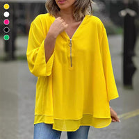 Heidi-Mode | Chiffon Reißverschluss Top mit V-Ausschnitt – Gelb