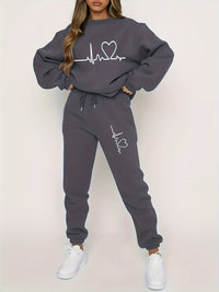 Bequemer Damen Jogginganzug für Herbst und Winter mit Rundhals-Pullover – Dunkelgrau