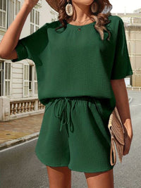 Damen Sommer-Set aus Baumwolle | Luftiges Waffelpique mit Shorts – Grün