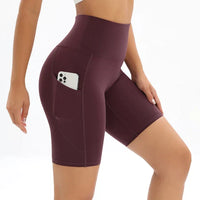 Fitnessshort mit hohem Taillenbund und Tasche – Bordeaux
