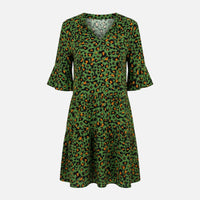 Waltraud | Damen Fließendes Midikleid Leoparden V-Ausschnitt – Leo Midi Kleid – Grün