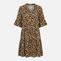 Waltraud | Damen Fließendes Midikleid Leoparden V-Ausschnitt – Leo Midi Kleid – Gelb