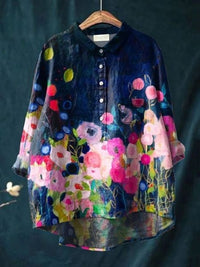 Rosa | Aquarell Blumen Oversized Hemdbluse – Blau-Rosa