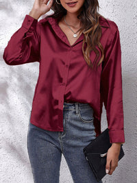 Elegante Bluse Damen Satinoptik Langarm – Bordeaux