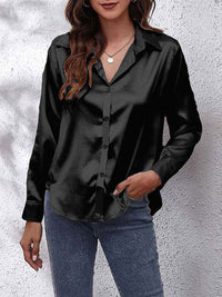 Elegante Bluse Damen Satinoptik Langarm – Schwarz