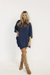 Damen Loungewear Set: Übergroßes T-Shirt mit Fahrradhose, Bequem und Vielseitig – Marine Blau