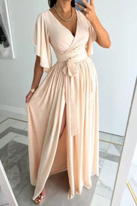 Damen Elegantes Cocktailkleid mit V-Ausschnitt und Raffung – Hellbeige