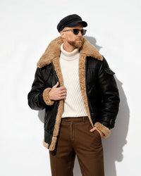 Warm gefütterte Fliegerjacke für Herren mit Kragen für den Winter – Schwarz