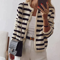 Petit Blue Cardigan | Gestreifte elegante Sommer-Strickjacke mit langen Ärmeln – Schwarz & Weiß