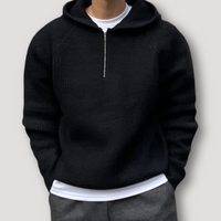 Rippenstrick Half Zip Kapuze Pullover – Schwarz