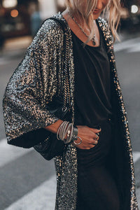 Langer Pailletten Kimono für Damen im offenen Design – Silber