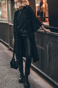 Langer Pailletten Kimono für Damen im offenen Design – Schwarz