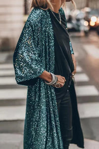 Langer Pailletten Kimono für Damen im offenen Design – Grün