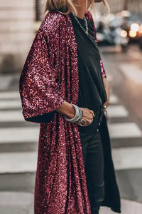 Langer Pailletten Kimono für Damen im offenen Design – Weinrot