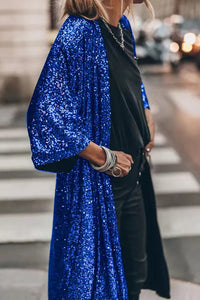 Langer Pailletten Kimono für Damen im offenen Design – Blau