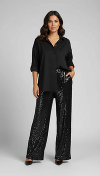 Glänzendes Damen-Set mit Bluse und weiter Hose – Schwarz