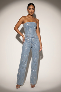 Glitzerndes zweiteiliges Set mit trägerlosem Oberteil und High-Waist-Hose – Jeansblau