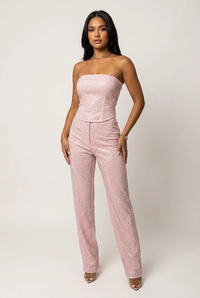 Glitzerndes zweiteiliges Set mit trägerlosem Oberteil und High-Waist-Hose – Rosa