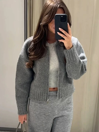 Lehmann Modehaus | Grau O-neck Knit Frauen Pullover Jacke Mode