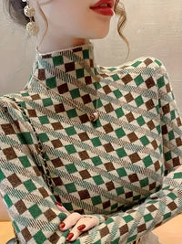 Reigisa | Eleganter Damenstrickpullover - Hoher Ausschnitt, Color Block – Grün