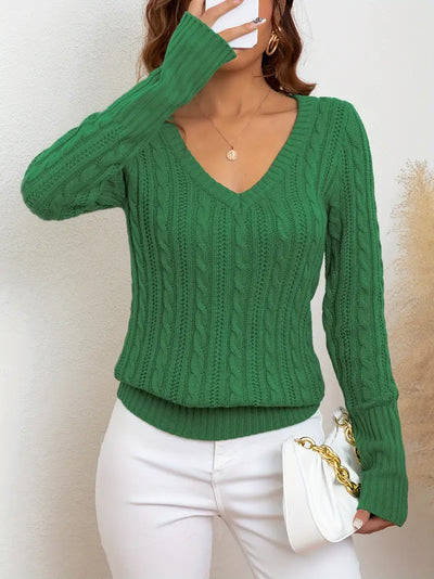 Seylilah | Solider Pullover mit V-Ausschnitt und Zopfmuster – eleganter Langarmpullover
