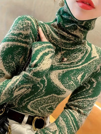 Dreineya | Gestreifter Farbiger Rollkragenpullover, eleganter schlanker Langarmpullover – Grün