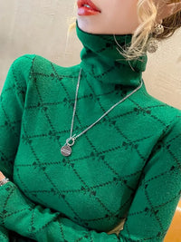 Dreiolyn | Allover Print Rollkragenpullover, Freizeitpullover mit langen Ärmeln – Grün