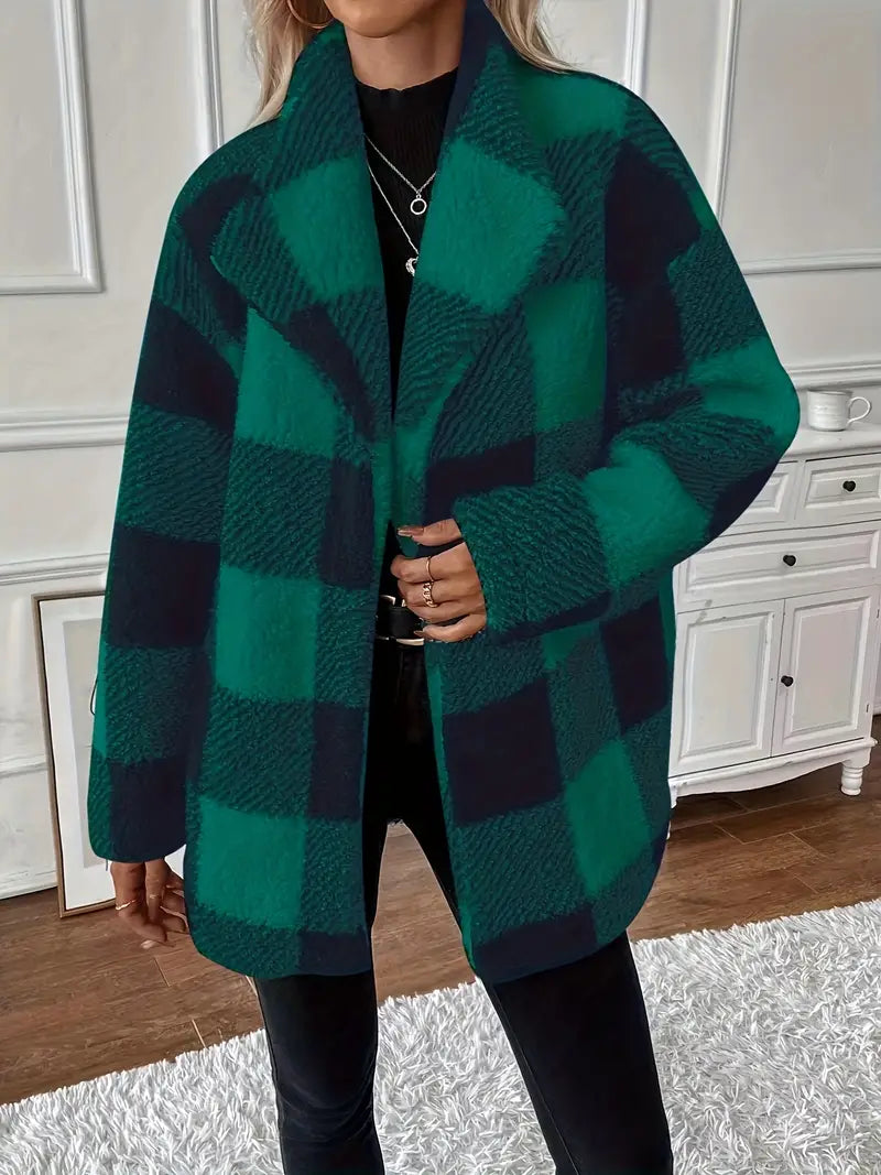 Clithina | Plaid Print Teddy Mantel – Lässige Eleganz mit Wasserfallkragen