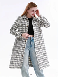 Ellfira | Langer Mantel aus Wollmischung mit Hahnentrittmuster und Taschen, Polyester-Gewebe – Grau