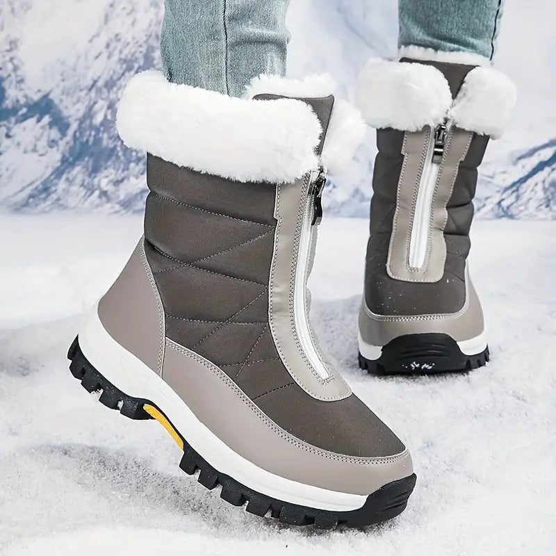 Klelonis | Damen Plüsch gefütterte Schneestiefel - Winter Fleece Front Reißverschluss kurze Stiefel