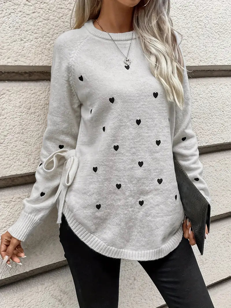 Seyvilah | Pullover mit Rundhalsausschnitt und Herzmuster - eleganter Pullover mit Raglanärmel und Krawatte