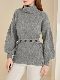 Reignira | Solide Farbe Rollkragenpullover, lässig Laterne Ärmel Knopf Detail Belted Pullover – Grau