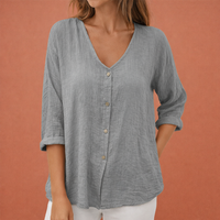V-Ausschnitt Damen T-Shirt mit Knopfverschluss und Dreiviertelärmeln | Ylena – Grau