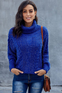 Grober Zopfmuster Rollkragenpullover für Damen – Blau