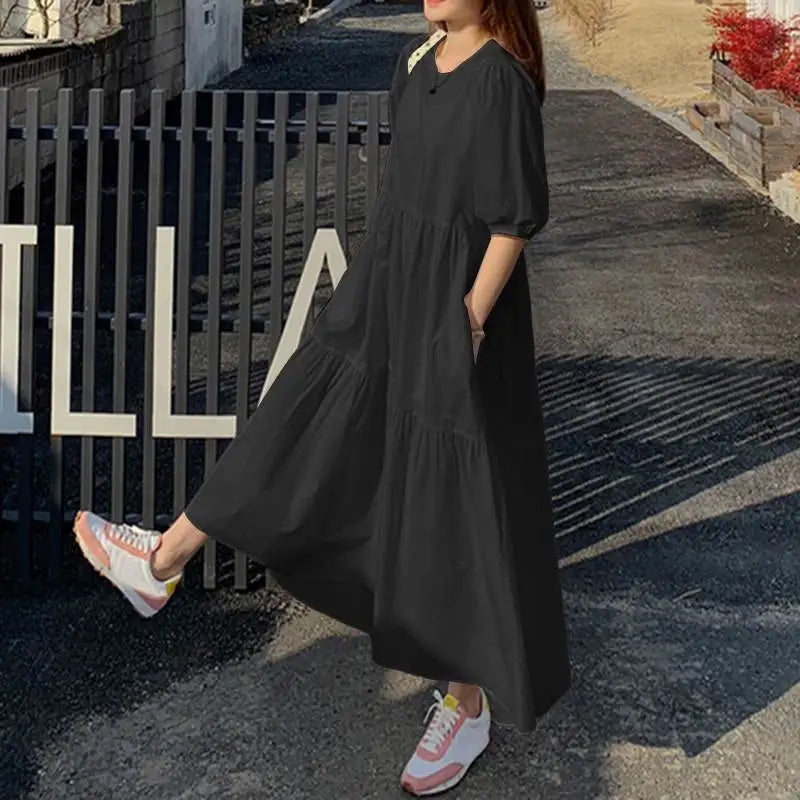 Vicky Sommerkleid | Stilvolles Maxikleid mit kurzem Ärmel und Rundhalsausschnitt