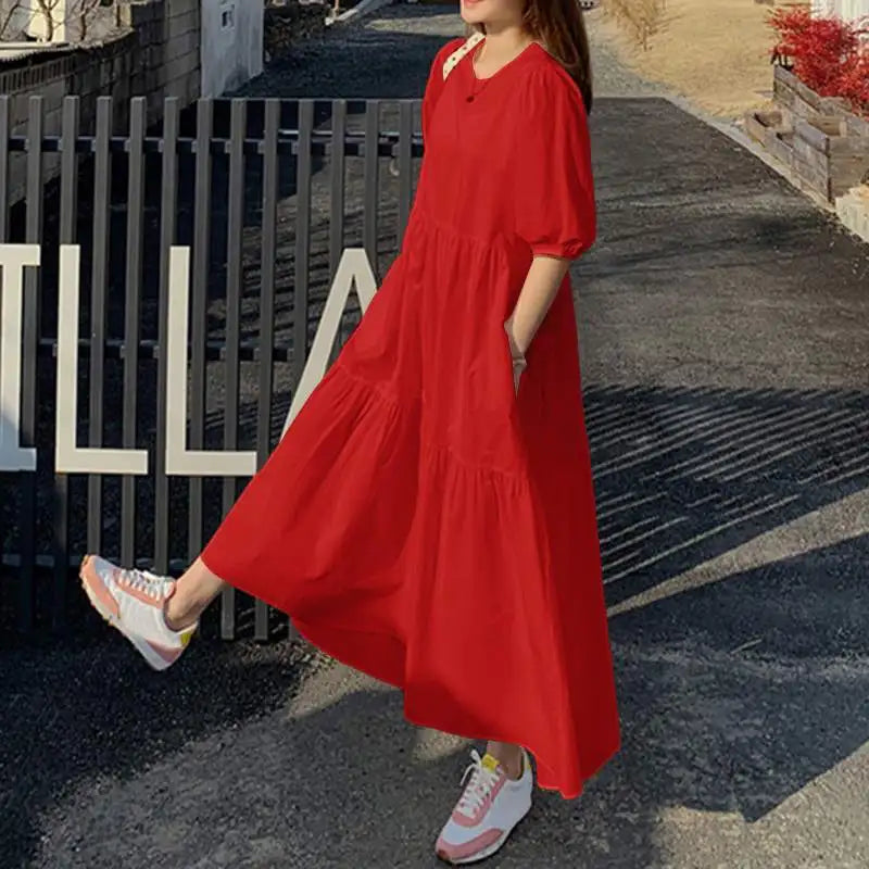 Vicky Sommerkleid | Stilvolles Maxikleid mit kurzem Ärmel und Rundhalsausschnitt