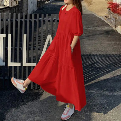 Vicky Sommerkleid | Stilvolles Maxikleid mit kurzem Ärmel und Rundhalsausschnitt