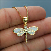 Libellenhalskette aus Gold mit Opal – Weiß