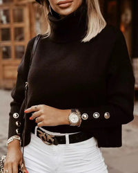 Damen Rollkragenpullover mit Knopf Ärmel | Lässig – Schwarz