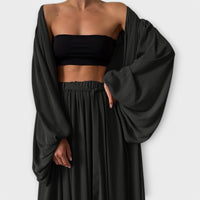 Lumara – Dreiteiliges Loungewear-Set mit Kimono – Schwarz