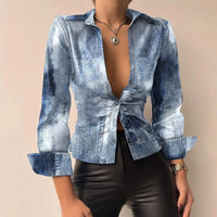 Damen Langarm V-Ausschnitt Hemd | Knopf Daunen – Denim Blau