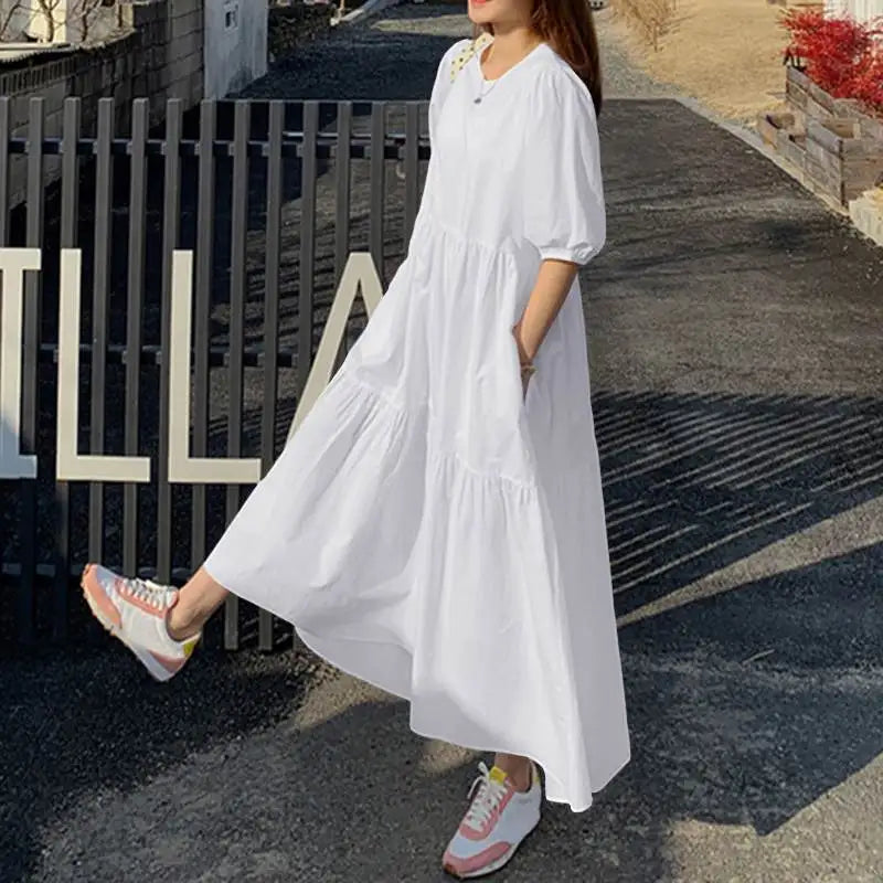Vicky Sommerkleid | Stilvolles Maxikleid mit kurzem Ärmel und Rundhalsausschnitt